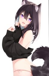 Rule 34 | 1girl, animal ear fluff, animal ears, ass, bare shoulders, black hair, black shirt, blush, commentary request, hair between eyes, hands up, head tilt, long hair, long sleeves, looking at viewer, looking to the side, mayogii, nail polish, original, panties, pink panties, puffy long sleeves, puffy sleeves, purple eyes, purple nails, shirt, side-tie panties, simple background, sleeves past wrists, solo, tail, underwear, unfinished, white background
