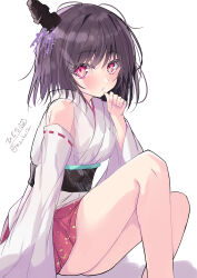 1girl absurdres black_hair blush breasts commentary detached_sleeves feet_out_of_frame from_side hair_between_eyes hand_up headgear highres hizaka japanese_clothes kantai_collection kimono long_sleeves looking_at_viewer medium_breasts medium_hair miniskirt nontraditional_miko obi one-hour_drawing_challenge red_eyes red_skirt ribbon-trimmed_sleeves ribbon_trim sash signature simple_background sitting skirt sleeveless sleeveless_kimono solo thighs twitter_username white_background white_kimono white_sleeves wide_sleeves yamashiro_(kancolle)