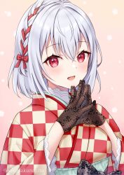 Rule 34 | 1girl, blush, braid, checkered clothes, checkered kimono, gloves, hair ribbon, hakase fuyuki, highres, japanese clothes, kimono, lace, lace-trimmed sleeves, lace gloves, lace trim, looking at viewer, nijisanji, obi, open mouth, own hands together, red eyes, ribbon, ribbon braid, sakunagita, sash, short hair, smile, solo, steepled fingers, unmoving pattern, upper body, virtual youtuber, white hair