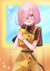 Rule 34 | 1girl, :d, absurdres, alternate costume, black-framed eyewear, black shirt, bracelet, collared shirt, dress, dress shirt, fate/grand order, fate (series), glasses, hair over one eye, harukappa, highres, holding, holding microphone, jewelry, looking at viewer, mash kyrielight, medium hair, microphone, open mouth, pinafore dress, pink eyes, pink hair, shirt, short sleeves, sleeveless, sleeveless dress, smile, solo, standing, straight hair, wing collar, yellow dress