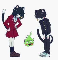 Rule 34 | 1boy, 1girl, animal ears, black eyes, black hair, black pants, bowl cut, brown footwear, cat boy, cat ears, cat girl, cat tail, closed mouth, commentary request, ekubo (mob psycho 100), full body, gakuran, jacket, kageyama shigeo, kemonomimi mode, korean commentary, kurata tome, loafers, long sleeves, looking at another, mob psycho 100, pants, red jacket, red skirt, rksle 100, school uniform, shoes, short hair, simple background, skirt, smile, spirit, standing, tail, white background