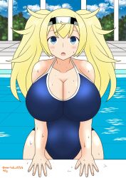 Rule 34 | 1girl, blonde hair, blue eyes, blue one-piece swimsuit, blush, breasts, cleavage, collarbone, competition school swimsuit, day, gambier bay (kancolle), hair between eyes, hairband, highres, kantai collection, large breasts, long hair, looking at viewer, moritaku0708, one-piece swimsuit, open mouth, pool, school swimsuit, smile, solo, swimsuit, twintails