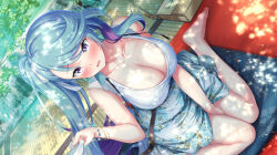 Rule 34 | 1girl, blue hair, blush, breasts, bridget (deep one), cleavage, deep one kyomu to mugen no fragment, dmm, large breasts, multicolored hair, nail polish