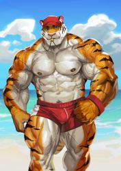Rule 34 | 1boy, abs, absurdres, armband, bara, beach, biceps, bulge, cloud, cloudy sky, day, feet out of frame, furry, furry male, highres, large pectorals, looking at viewer, male focus, male swimwear, manly, mature male, muscular, muscular male, nipples, ocean, original, pectorals, red male swimwear, red swim trunks, sand, shorts, sky, solo, sunlight, swim trunks, thick arms, thick eyebrows, thick thighs, thighs, tiger boy, traver009, veins, veiny arms, walking, water, whistle, whistle around neck