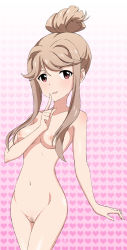 Rule 34 | 10s, 1girl, absurdres, blush, breasts, cleft of venus, cowboy shot, female focus, female pubic hair, gradient background, hair bun, halftone, halftone background, heart, heart background, highres, idolmaster, idolmaster million live!, light brown hair, looking at viewer, maroon eyes, medium breasts, navel, nipples, nude, open mouth, pink background, pubic hair, pussy, short hair with long locks, sidelocks, signature, single hair bun, smile, solo, tenkuubashi tomoka, uncensored, vzmk2, white background