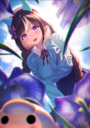 Rule 34 | 1girl, animal ears, beret, blush, braid, brown hair, character request, collared shirt, day, ear covers, flower, from below, grass, hair ribbon, hand up, hat, hokko tarumae (umamusume), horse ears, horse girl, long hair, multicolored hair, neck ribbon, open mouth, outdoors, pleated skirt, purple eyes, ribbon, shirt, shirt tucked in, skirt, sky, smile, solo, streaked hair, sunlight, sweater, twin braids, two-tone hair, umamusume, unowen, very long hair, violet (flower), white hair