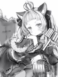Rule 34 | 1girl, animal ears, arm support, blush, bow, cat ears, closed mouth, couch, crown, dress, greyscale, hair bow, hammer, head rest, highres, holding, holding hammer, hololive, long sleeves, looking at viewer, monochrome, murasaki shion, murasaki shion (gothic lolita), nanashi (nlo), toy hammer, sitting, solo, virtual youtuber