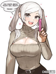 Rule 34 | 1girl, artist name, breasts, chocojax, cleavage, cleavage cutout, clothing cutout, commentary, covered navel, english commentary, english text, fire emblem, fire emblem awakening, food, heart, highres, holding, holding food, holding pocky, long hair, looking at viewer, medium breasts, nintendo, open mouth, pocky, pocky day, robin (female) (fire emblem), robin (fire emblem), smile, solo, speech bubble, teeth, twintails, upper body, upper teeth only, white background, white hair