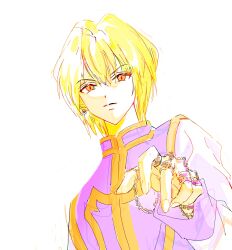 Rule 34 | 1other, androgynous, blonde hair, blue tabard, chain, crystal earrings, earrings, highres, hunter x hunter, jewelry, kurapika, long sleeves, looking at viewer, multiple rings, naemonaemo0523, nen (hunter x hunter), red eyes, ring, short hair, simple background, solo, tabard, thumb ring, upper body, white background