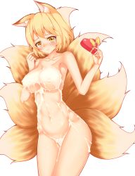 Rule 34 | 1girl, animal ears, blonde hair, blush, box, breasts, chocolate, collarbone, fox ears, fox tail, gift, gift box, heart, highres, kuroleo, large breasts, looking at viewer, multiple tails, naked chocolate, nude, sexually suggestive, simple background, solo, suggestive fluid, tail, touhou, valentine, white background, white chocolate, yakumo ran, yellow eyes