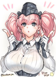 Rule 34 | 1girl, anchor hair ornament, atlanta (kancolle), black gloves, black hat, breasts, brown hair, dress shirt, earrings, garrison cap, gloves, grey eyes, hair ornament, hat, high-waist skirt, hiyohiyo, jewelry, kantai collection, large breasts, long hair, long sleeves, multicolored clothes, multicolored gloves, partially fingerless gloves, shirt, single earring, skirt, solo, star (symbol), star earrings, suspender skirt, suspenders, two side up, upper body, white gloves, white shirt