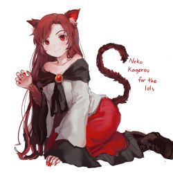 Rule 34 | animal ear fluff, animal ears, black footwear, brooch, brown hair, cat ears, cat tail, closed mouth, dress, english text, fingernails, himuhino, imaizumi kagerou, jewelry, long fingernails, long hair, long sleeves, looking at viewer, nail polish, red dress, red eyes, red nails, simple background, smile, tail, touhou, two-tone dress, white background, white dress, wide sleeves