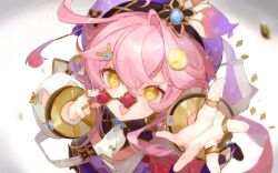 Rule 34 | 1girl, absurdres, detached sleeves, dori (genshin impact), genshin impact, glasses, highres, jewelry, miermere, multiple rings, open mouth, pince-nez, pink-tinted eyewear, pink hair, puffy detached sleeves, puffy sleeves, purple headwear, ring, sidelocks, smile, solo, symbol-shaped pupils, tinted eyewear, x-shaped pupils, yellow eyes