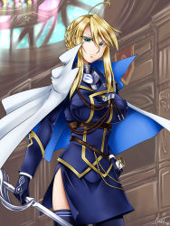 Rule 34 | 1girl, ahoge, artoria pendragon (fate), artoria pendragon (lancer) (fate), artoria pendragon (lancer) (formal dress) (fate), bad id, bad pixiv id, braid, braided bun, breasts, cape, fate/grand order, fate (series), french braid, from below, gloves, hair bun, highres, holding, holding sword, holding weapon, large breasts, omega na hito, scabbard, sheath, side slit, sidelocks, skindentation, smirk, solo, stained glass, sword, thighhighs, unsheathed, weapon