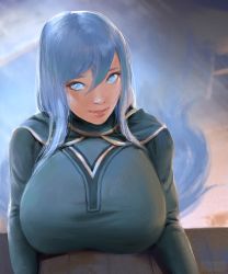 Rule 34 | 1girl, backlighting, blue eyes, blue hair, breast rest, breasts, commentary, commission, english commentary, gawk inn, hair between eyes, hair ornament, head tilt, huge breasts, light smile, lips, long hair, nose, original, portrait, solo, swept bangs, table, very long hair