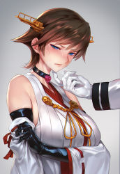 Rule 34 | 1girl, admiral (kancolle), bacius, bare shoulders, black gloves, blue eyes, blush, breasts, brown hair, collar, detached sleeves, elbow gloves, embarrassed, gloves, gold trim, hairband, half-closed eyes, heart lock (kantai collection), hiei (kancolle), jewelry, kantai collection, large breasts, nontraditional miko, ribbon-trimmed sleeves, ribbon trim, ring, short hair, simple background, skindentation, solo focus, sweat, upper body, wedding band, white gloves