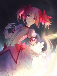 Rule 34 | 1girl, absurdres, blush, bow, bubble skirt, choker, dress, frilled dress, frilled sleeves, frills, gloves, hair ribbon, hand up, highres, kaname madoka, lan su, looking at viewer, magical girl, mahou shoujo madoka magica, mahou shoujo madoka magica (anime), open mouth, pink eyes, pink hair, puffy short sleeves, puffy sleeves, red choker, ribbon, short hair, short sleeves, short twintails, skirt, solo, space, twintails, white gloves
