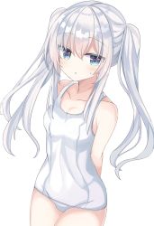 Rule 34 | 1girl, :o, alternate hairstyle, arms behind back, blue eyes, blush, breasts, fathom, hair between eyes, hibiki (kancolle), highres, kantai collection, long hair, one-piece swimsuit, sidelocks, simple background, small breasts, solo, swimsuit, twintails, white background, white hair, white one-piece swimsuit