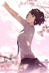 Rule 34 | 1girl, bad id, bad pixiv id, black hair, breasts, cherry blossoms, green eyes, kimura (ykimu), looking at viewer, necktie, original, parted lips, school uniform, short hair, skirt, smile, solo, stretched limb