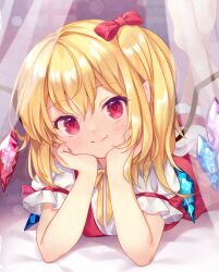 Rule 34 | 1girl, barefoot, bed sheet, blonde hair, blurry, blurry background, blush, bow, closed mouth, crystal, curtains, dress, feet up, flandre scarlet, hair between eyes, hand on own cheek, hand on own face, hands on own cheeks, hands on own face, head rest, looking at viewer, lying, medium hair, mimi (mimi puru), multicolored wings, no headwear, on stomach, one side up, pointy ears, puffy short sleeves, puffy sleeves, red bow, red dress, red eyes, red skirt, red vest, ribbon, shirt, short sleeves, side ponytail, skirt, smile, solo, split mouth, the pose, touhou, transparent curtains, vest, window, wings, yellow ribbon