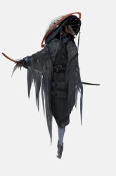 Rule 34 | 1boy, animal skull, belt, bird skull, black hair, claws, cloak, facial mark, feather trim, grey background, grey cloak, hat, highres, holding, holding sword, holding weapon, male focus, mask, medium hair, original, pouch, simple background, skull, skull mask, solo, standing, sword, toriseka, torn, torn clothes, weapon