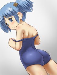 Rule 34 | 1girl, ass, awa, bare arms, bare legs, bare shoulders, blue eyes, blue hair, blush, cameltoe, clothes pull, eyebrows, cube hair ornament, hair ornament, legs, looking back, matching hair/eyes, naganohara mio, nichijou, one-piece swimsuit pull, pulling own clothes, simple background, solo, standing, swimsuit, thighs, twintails, undressing