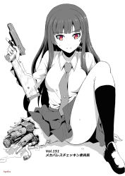 Rule 34 | 1girl, amputee, android, arm support, black footwear, blunt bangs, breasts, breath, broken, collared shirt, full body, gluteal fold, greyscale, gun, handgun, highres, holding, holding gun, holding weapon, injury, knee up, kneehighs, loafers, long hair, looking at viewer, mechanical parts, medium breasts, miniskirt, missing limb, monochrome, necktie, number10 (hagakure), original, pistol, red eyes, school uniform, shirt, shoes, signature, simple background, sitting, skirt, smile, socks, solo, spot color, stechkin aps, sweat, tie clip, trigger discipline, weapon, white background