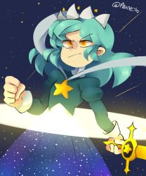 Rule 34 | 1girl, absurdres, annie (skullgirls), blue background, brooch, clenched hand, cowboy shot, dress, highres, holding, holding weapon, jewelry, juliet sleeves, long sleeves, puffy sleeves, sagan (skullgirls), skullgirls, solo, space, star (sky), star (symbol), star print, sword, weapon, yellow eyes