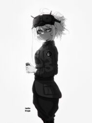 1girl absurdres artist_name commentary english_commentary from_side greyscale head-mounted_display highres looking_at_viewer military_uniform monochrome simple_background standing tanya_degurechaff tonka_kryga ukranian_ground_forces youjo_senki