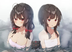Rule 34 | 2girls, ahoge, bare shoulders, bathing, black hair, bow, breast envy, breasts, brown hair, cat, chomusuke, cleavage, closed mouth, collarbone, commentary request, flat chest, hair bow, highres, jitome, kono subarashii sekai ni shukufuku wo!, large breasts, looking at viewer, medium hair, megumin, multiple girls, naked towel, nut megu, onsen, open mouth, partially submerged, red bow, red eyes, short hair with long locks, signature, solo, steam, towel, triangle mouth, twintails, water, yunyun (konosuba)
