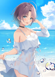 Rule 34 | 1girl, :d, ahoge, asakura toru, bare shoulders, beach, black choker, blue eyes, breasts, brown hair, choker, cleavage, clothes lift, cloud, collarbone, day, dress, dress lift, earrings, from side, hand up, hatsu (first snow), highres, idolmaster, idolmaster shiny colors, jewelry, lifted by self, looking at viewer, looking to the side, medium breasts, open mouth, outdoors, short hair, smile, solo, standing, water, white dress