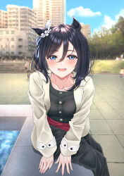 Rule 34 | animal ears, black dress, black hair, blue eyes, blue sky, blurry, blurry background, blush, building, buttons, collarbone, depth of field, dress, ear scrunchie, eishin flash (umamusume), highres, horse ears, horse girl, hospital, long sleeves, looking at another, looking at viewer, medium hair, open mouth, outdoors, park, sitting, sky, smile, sunlight, umamusume, yoshiki 3821