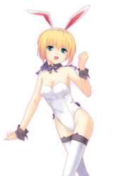 Rule 34 | 00s, 1girl, alternate costume, animal ears, artoria pendragon (all), artoria pendragon (fate), blonde hair, blue eyes, dasoku sentarou, fake animal ears, fate/stay night, fate (series), feet out of frame, female focus, furrowed brow, glowing, leotard, looking at viewer, playboy bunny, rabbit, rabbit ears, saber (fate), simple background, solo, thighhighs, white background