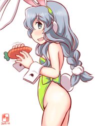 Rule 34 | 1girl, alternate costume, animal ears, ass, bow, bowtie, carrot, covered navel, detached collar, fake animal ears, fake tail, green hairband, green leotard, grey eyes, hairband, kanon (kurogane knights), kantai collection, leotard, long hair, looking at viewer, one-hour drawing challenge, open mouth, playboy bunny, rabbit ears, rabbit tail, solo, strapless, strapless leotard, tail, traditional bowtie, wavy hair, wrist cuffs, yamagumo (kancolle)