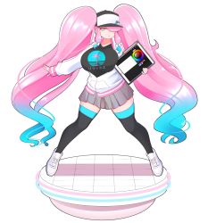 Rule 34 | 1girl, :&lt;, absurdly long hair, black hat, black shirt, black thighhighs, blue eyes, blue hair, bow, breasts, closed mouth, full body, grey skirt, hair bow, hair over one eye, hat, highres, holding, holding tablet pc, jacket, large breasts, long hair, looking at viewer, multicolored eyes, multicolored hair, original, pink eyes, pink hair, pleated skirt, shirt, shoes, skirt, sneakers, solo, standing, swept bangs, tablet pc, theycallhimcake, thighhighs, twintails, two-tone hair, very long hair, wavy hair, white bow, white footwear, white jacket