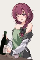 Rule 34 | 1girl, :d, ;d, absurdres, bare shoulders, black bow, black nails, blush, bocchi the rock!, bottle, bow, braid, brown eyes, collarbone, commentary, cup, dress, drunk, english commentary, fang, green dress, grey background, hair bow, hair over shoulder, highres, hiroi kikuri, holding, holding bottle, jacket, jacket partially removed, long sleeves, looking at viewer, multicolored clothes, multicolored jacket, nail polish, one eye closed, open clothes, open jacket, open mouth, orchid (orukido), side braid, simple background, single braid, sleeveless, sleeveless dress, smile, solo, two-tone jacket, upper body