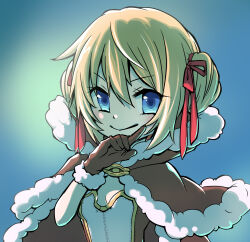 Rule 34 | 1girl, blonde hair, blue eyes, breasts, brown cape, brown capelet, brown gloves, cape, capelet, cleavage, closed mouth, double bun, eyelashes, fur-trimmed cape, fur-trimmed capelet, fur-trimmed gloves, fur trim, gloves, hair between eyes, hair bun, hair ribbon, hand up, high collar, high wizard (ragnarok online), highres, kathryne keyron, looking at viewer, ragnarok online, red ribbon, ribbon, short hair, small breasts, smile, solo, v-shaped eyebrows, yuruko (seiga8946606)