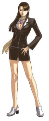 Rule 34 | &gt;:), 1girl, absurdres, ace attorney, bare legs, belt, belt skirt, black dress, blazer, blunt bangs, breasts, brown eyes, brown hair, buttons, capcom, cleavage, dress, earrings, edaki shin&#039;ya, full body, hand on own hip, high heels, highres, jacket, jewelry, legs, legs apart, light smile, lipstick, long hair, long sleeves, looking at viewer, magatama, makeup, medium breasts, mia fey, mole, mole under mouth, no socks, official art, pencil skirt, red lips, scarf, shoes, short dress, simple background, skirt, smile, solo, standing, v-shaped eyebrows, white background, zipper