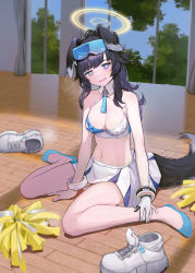 Rule 34 | 1girl, animal ears, bare shoulders, blue archive, blue socks, blurry, blurry foreground, breasts, character name, clothes writing, crop top, curtains, dog ears, dog tail, eyewear on head, gloves, halo, heavy breathing, hibiki (blue archive), hibiki (cheer squad) (blue archive), highres, indoors, long hair, looking at viewer, medium breasts, millennium cheerleader outfit (blue archive), miniskirt, navel, no shoes, official alternate costume, oooomiga, open mouth, pom pom (cheerleading), shoes, single glove, sitting, skirt, socks, solo, sweat, tail, tree, unworn shoes, wariza, wavy mouth, white footwear, white gloves, window, wooden floor