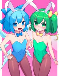 Rule 34 | 2girls, animal ears, bare shoulders, blue bow, blue bowtie, blue eyes, blue hair, blue leotard, border, bow, bowtie, brown pantyhose, cirno, commission, covered navel, cowboy shot, daiyousei, detached collar, fairy wings, flat chest, green eyes, green hair, green leotard, hair bow, highres, ice, ice wings, leotard, multiple girls, nirato shungiku, pantyhose, pink background, playboy bunny, rabbit ears, rabbit tail, short hair, side ponytail, standing, tail, touhou, two-tone background, white border, wings, wrist cuffs, yellow bow, yellow bowtie