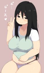 Rule 34 | 1girl, accio, black eyes, black hair, breasts, clothes pull, female focus, large breasts, long hair, looking at viewer, midriff, panties, plump, shirt, shirt pull, simple background, sitting, smile, solo, thick thighs, thighs, underwear, v, wide hips