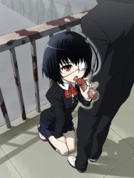 Rule 34 | 10s, ahoge, another, black hair, buttons, clothed sex, cum, cum in mouth, cum on clothes, exhibitionism, eyepatch, fellatio, handjob, highres, kneeling, misaki mei, oral, outdoors, penis, pleated skirt, public indecency, red eyes, school uniform, shoes, short hair, skirt, socks, tagme, uncensored