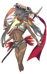 Rule 34 | 1girl, absurdres, bare shoulders, barefoot, body markings, bracelet, breasts, commentary request, cropped legs, dark-skinned female, dark skin, earrings, facial mark, feathers, fixro2n, full body, grey hair, highres, holding, hoop earrings, jewelry, linea alba, long hair, midriff, navel, necklace, open mouth, original, polearm, ribs, scar, simple background, skinny, skull on head, small breasts, solo, spear, standing, teeth, tooth necklace, transparent background, tribal, upper teeth only, very dark skin, weapon, white background, yellow eyes