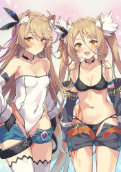 Rule 34 | 2girls, :d, ahoge, animal ear fluff, animal ears, armband, bare shoulders, belt, black bra, black gloves, black panties, black shorts, blue shorts, blush, body markings, bra, breasts, brown hair, choker, cleavage, clothes pull, collarbone, commentary, covered navel, detached sleeves, facial mark, fang, gloves, gradient background, groin, hair between eyes, hair ornament, highleg, highleg leotard, highres, leone (sennen sensou aigis), leotard, lev (sennen sensou aigis), long hair, looking at viewer, micro shorts, multiple girls, navel, open belt, open clothes, open mouth, open shorts, orange eyes, panties, pulling own clothes, rasahan, sennen sensou aigis, shorts, shorts pull, siblings, sisters, small breasts, smile, standing, stomach, strapless, strapless leotard, sweatdrop, thighhighs, thighs, underwear, very long hair, white legwear, white leotard