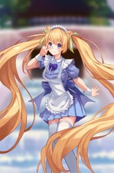 Rule 34 | 1girl, absurdly long hair, animal ears, apron, blonde hair, blue bow, blue eyes, blurry, blurry background, blush, bow, breasts, cat ears, closed mouth, long hair, looking at viewer, maid, maid apron, maid headdress, medium breasts, original, puffy short sleeves, puffy sleeves, seemu (wnslqjdignv ), short sleeves, smile, solo, thighhighs, twintails, v, v over eye, very long hair, white thighhighs, wrist cuffs