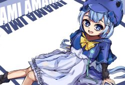 Rule 34 | 1girl, absurdres, amami ami, blue eyes, blue hair, bow, character name, commission, denyel, dress, feet out of frame, hair ornament, hat, highres, jacket, knees up, long hair, looking at viewer, open mouth, prism project, rainbow, shirt, skirt, socks, virtual youtuber, wallpaper