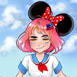 Rule 34 | 1girl, animal ears, bow, fang, freckles, hives, lowres, measles, measles-chan, meva, mouse ears, personification, pink hair, sailor collar, school uniform, smug, tears, yellow eyes