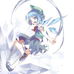 Rule 34 | 1girl, blue eyes, blue hair, bow, cirno, dress, full body, hair bow, ice, ice wings, mary janes, matching hair/eyes, open mouth, reeh (yukuri130), ribbon, shoes, short hair, simple background, smile, socks, solo, touhou, white background, white socks, wings