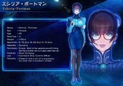 Rule 34 | 10s, 1girl, artist request, blue background, blue footwear, breasts, brown eyes, brown hair, brown legwear, character name, character profile, clipboard, earrings, english text, eshiria portman, female focus, glasses, hair ornament, heels, high collar, high heels, holding, holding clipboard, japanese text, jewelry, large breasts, looking at viewer, matching hair/eyes, military, military uniform, multicolored background, official art, parted lips, profile, raiden (series), raiden v, short hair, solo, standing, studio hive, third-party edit, uniform, zoom layer