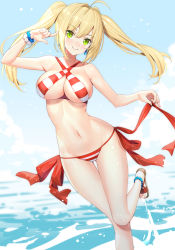 Rule 34 | 1girl, ahoge, bare arms, bare shoulders, bikini, blonde hair, blush, bracelet, breasts, brown footwear, cleavage, closed mouth, collarbone, commentary request, criss-cross halter, day, earrings, fate/grand order, fate (series), green eyes, hair between eyes, hair intakes, halterneck, hand up, head tilt, highres, jewelry, large breasts, long hair, looking at viewer, navel, nero claudius (fate), nero claudius (fate) (all), nero claudius (swimsuit caster) (fate), nose blush, outdoors, ririko (zhuoyandesailaer), sandals, side-tie bikini bottom, sidelocks, smile, solo, splashing, standing, standing on one leg, striped bikini, striped clothes, swimsuit, thigh gap, twintails, water